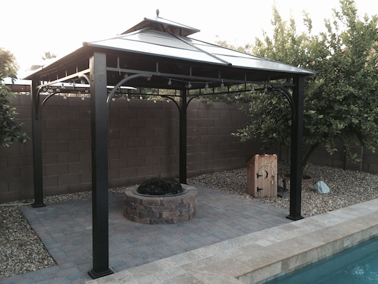Complete fire pit, paver and pergola setup